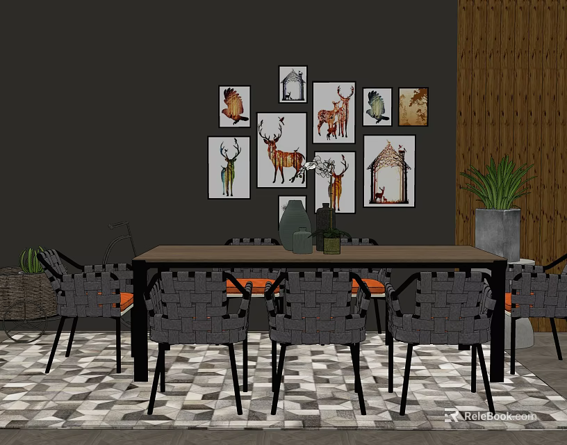 Modern Dining Table Set With Gray Chairs Animal Wall Art And Green Plants 3d model 