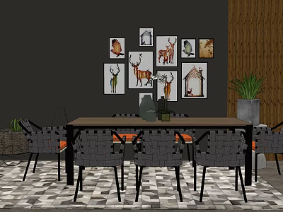 Modern Dining Table Set With Gray Chairs Animal Wall Art And Green Plants 3d model