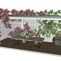 Charming Pergola with Pink Roses White Lattice Wooden Deck and Climbing Vines