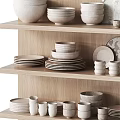 Minimalist Tableware Set With Bowls Plates And Cups On Wooden Shelves