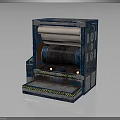 Blue Mechanical Industrial Equipment With Roller System And Yellow Black Warning Stripes