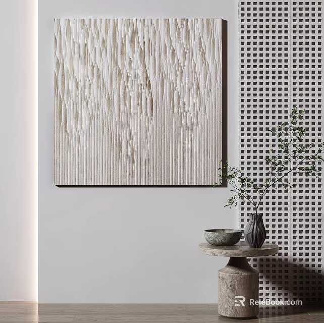 Modern Interior Decor With Textured Artwork Perforated Wall And Pedestal Table 3d model