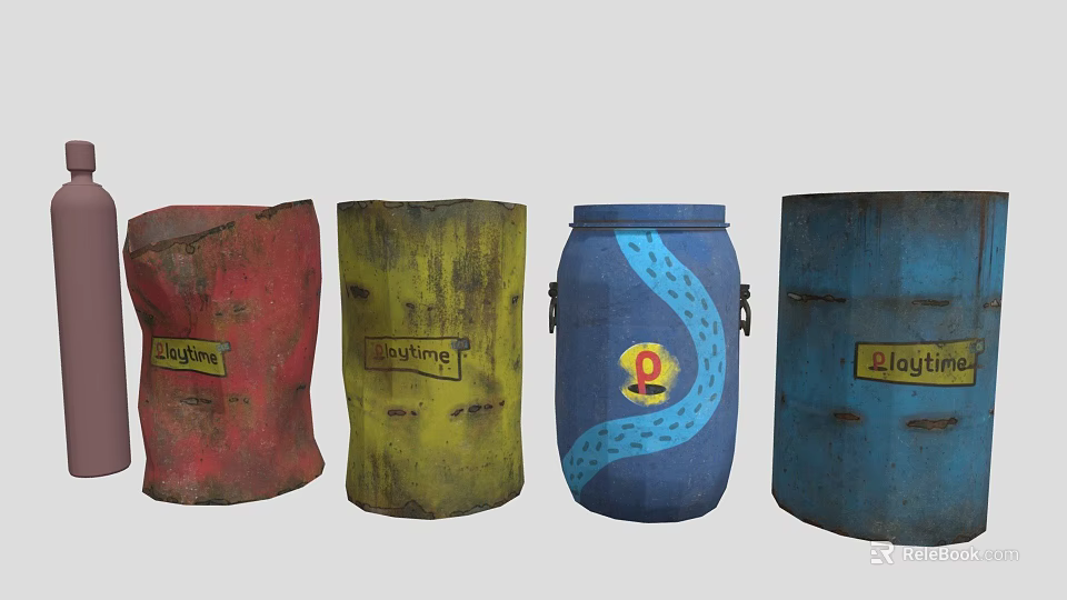 Game Movie Character Themed Barrels With Colorful Designs Claymore Loj Labels And Snake Pattern 3d model 
