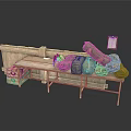 Modern Scene With Bench Green Backpacks Tablet And Wooden Crate