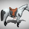 A gray and white horse with black spots brown saddle white mane and black tail