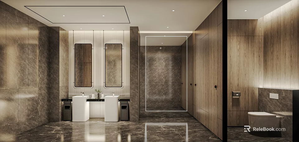 Modern Public Restroom Design Featuring Dual Sinks Marble Walls Wooden Paneling And Recessed Lighting 3d model 