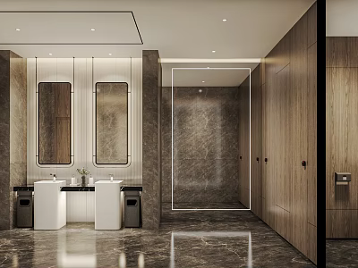 Modern Public Restroom Design Featuring Dual Sinks Marble Walls Wooden Paneling And Recessed Lighting 3d model