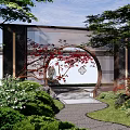 Rockery Stone in Traditional Garden with Circular Arch Red Maple Trees and Pathway