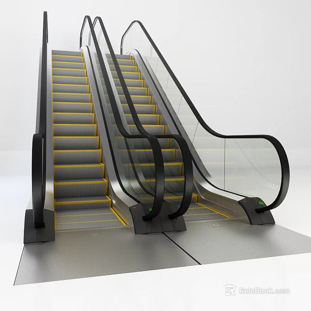 Two Modern Escalators Featuring Black Handrails Yellow Step Edges And Glass Sides 3d model 