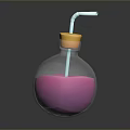 Refreshing Pink Beverage in Glass Bottle with Yellow Cap and Straw on Dark Surface