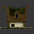 Enchanted Wooden Cottage With Moss Covered Sloped Roof Yellow Door And Surrounding Greenery
