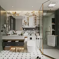 Luxurious Modern Bathroom Interior With Green Walls Glass Shower Vanity And Black White Tiles