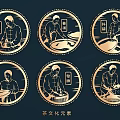 Golden Round Tea Culture Pendants With Traditional Tea Making Process Figures