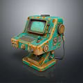 Vintage Industrial Equipment With Teal Rusted Surface Screen Display And Mechanical Controls