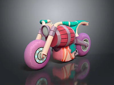 Colorful Cartoon Style Motorcycle With Green Handlebars Pink Wheels Red And Pink Body Blue Rims 3d model