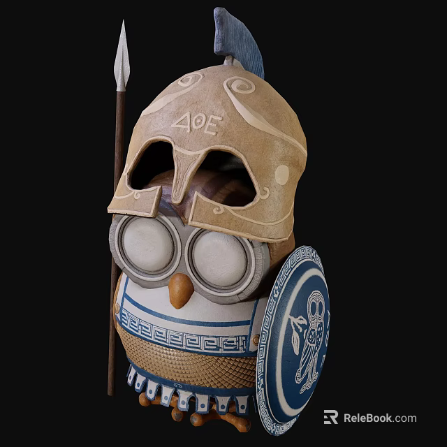 Greek Style Owl Doll With Helmet Shield And Spear Decoration 3d model 