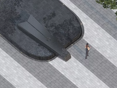 Modern Garden Landscape Design With Black Water Feature Paved Ground And Person Walking 3d model