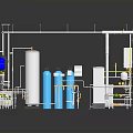 Industrial Processing System Featuring Pipes Blue Tanks Control Panels Valves And Metal Framework