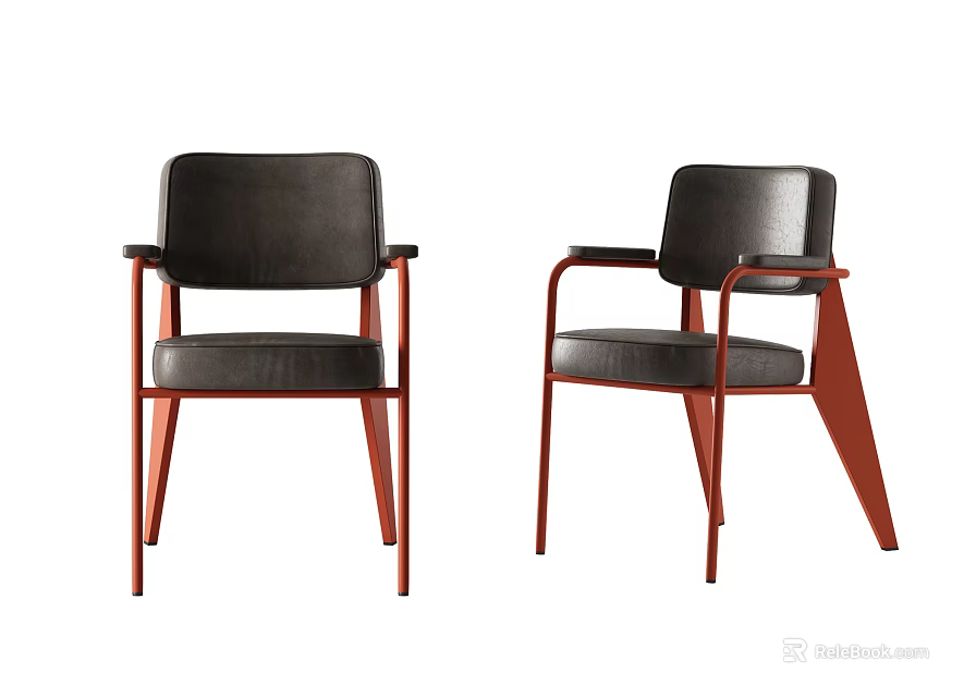 Two Modern Leisure Chairs With Dark Seats Red Frames And Armrests 3d model