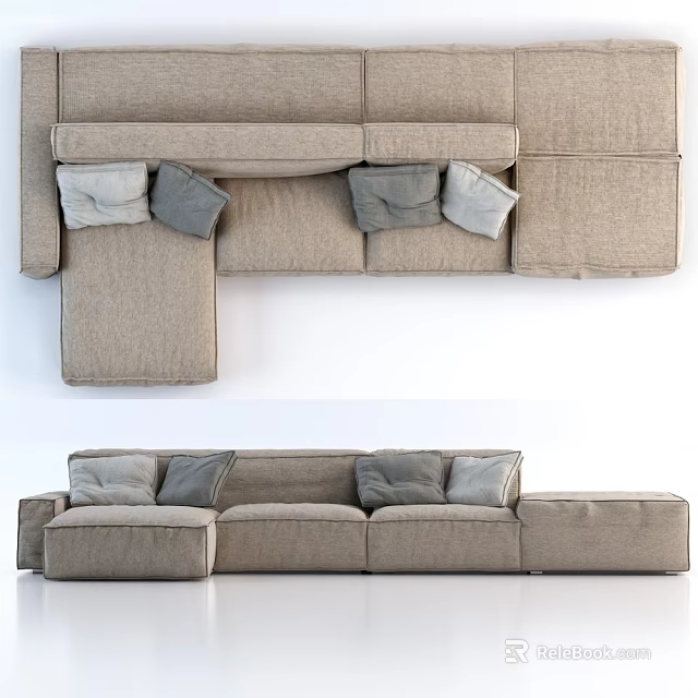 Modern Beige Fabric Multi Seater Sectional Sofa With Gray Pillows 3d model