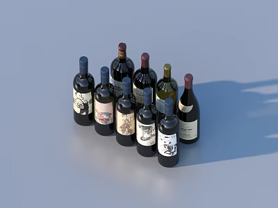 Various Wine Bottles With Different Colored Caps And Labels On Blue Background 3d model