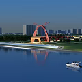 Stunning City Scenery With Red Arch Bridge Water Reflection Green Park And Tall Buildings