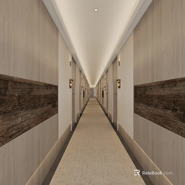Long Hotel Corridor With Light Wood Walls Dark Wood Panels Ceiling Lights And Carpeted Floor 3d model 