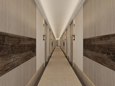 Long Hotel Corridor With Light Wood Walls Dark Wood Panels Ceiling Lights And Carpeted Floor 3d model