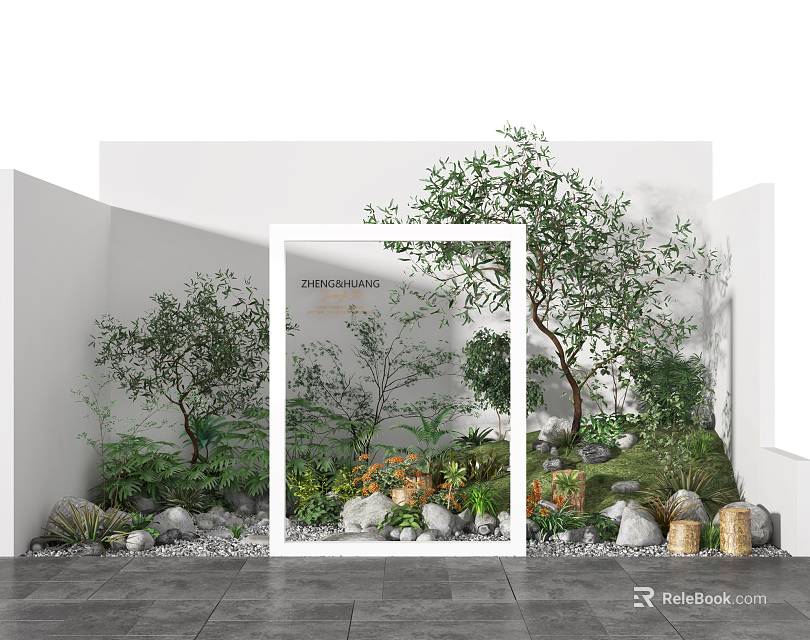 Serene Courtyard Garden Design With White Framed Entrance Lush Trees Shrubs Stones And Pebbles 3d model 