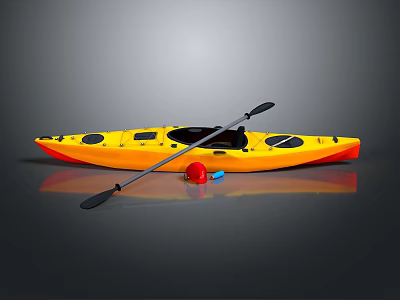 Yellow and Red Kayak With Paddle and Red Buoy for Water Activities 3d model