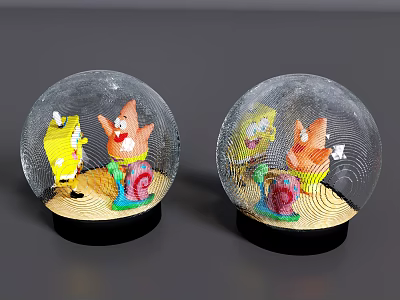Cute Decorative Snow Globes With SpongeBob Patrick Star And Snail On Black Base 3d model