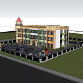 Colorful Kindergarten Building With Outdoor Playground Play Equipment Colorful Pavement And Green Trees