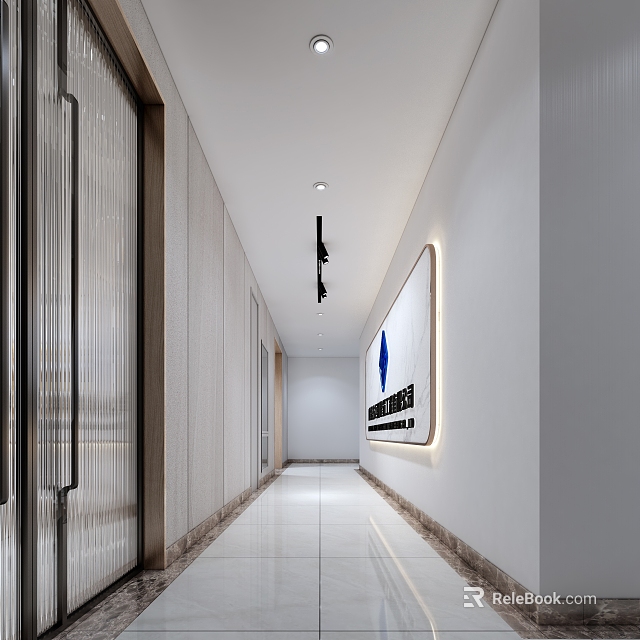 Modern Office Hallway Interior Design with Recessed Lighting Large Wall Artwork and Glossy Floor Tiles 3d model 