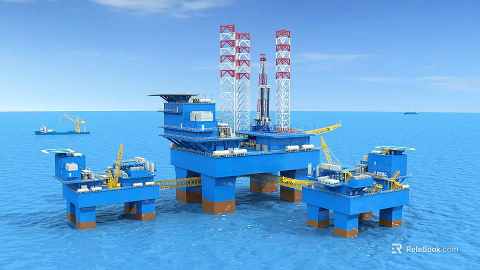 Industrial Offshore Drilling Platform With Tall Towers Yellow Cranes And Marine Structure 3d model 