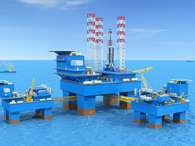 Industrial Offshore Drilling Platform With Tall Towers Yellow Cranes And Marine Structure 3d model