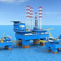 Industrial Offshore Drilling Platform With Tall Towers Yellow Cranes And Marine Structure