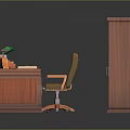 Wooden Office Desk With Green Lamp Bookcase Glass Doors Red Books And Clock