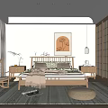 Serene Modern Bedroom Interior With Wooden Furniture Decorative Painting Area Rug And Pendant Light