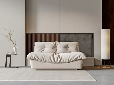 Light Beige Single Sofa With Throw Pillows In Modern Minimalist Living Room Interior 3d model