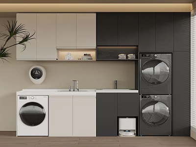 Modern Minimalist Laundry Room With Washing Machine Dryer Sink And Cabinets 3d model