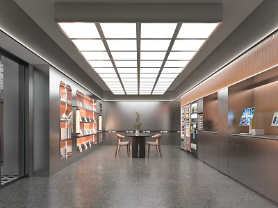 Spacious Hotel Lobby Modern Design With Grid Ceiling Lighting Side Bookshelves Central Table And Chairs 3d model