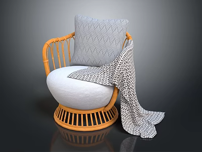 Cozy Rattan Chair with White Cushion Gray Geometric Pillow and Patterned Blanket 3d model