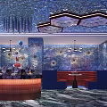 Modern Clubhouse Interior Design With Hexagonal Ceiling Neon Lighting And Reception Desk