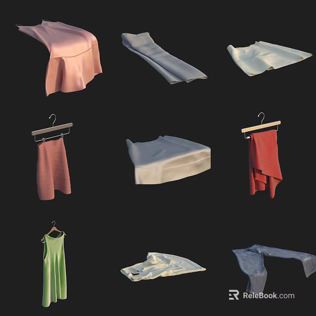 Various Colored Clothing Items In Different Styles Hanging On Hangers And Laid Flat 3d model 