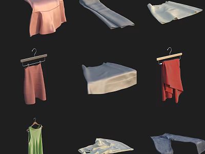 Various Colored Clothing Items In Different Styles Hanging On Hangers And Laid Flat 3d model