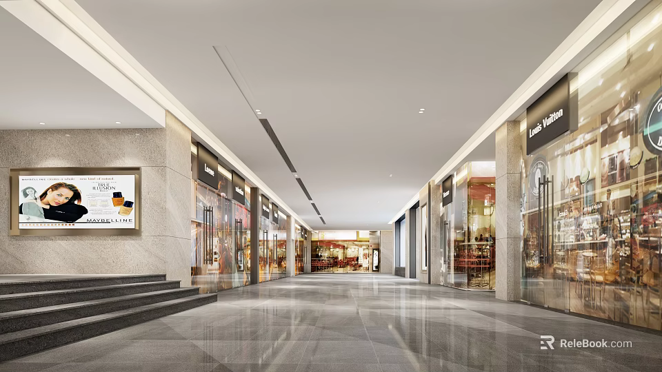 Spacious Shopping Mall Lobby With Shops On Both Sides And Marble Floor 3d model 