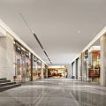 Spacious Shopping Mall Lobby With Shops On Both Sides And Marble Floor
