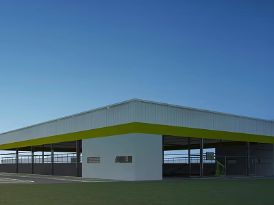 Modern Single Story Building With Open Corridor White Walls Yellow Roof Trim And Green Lawn 3d model