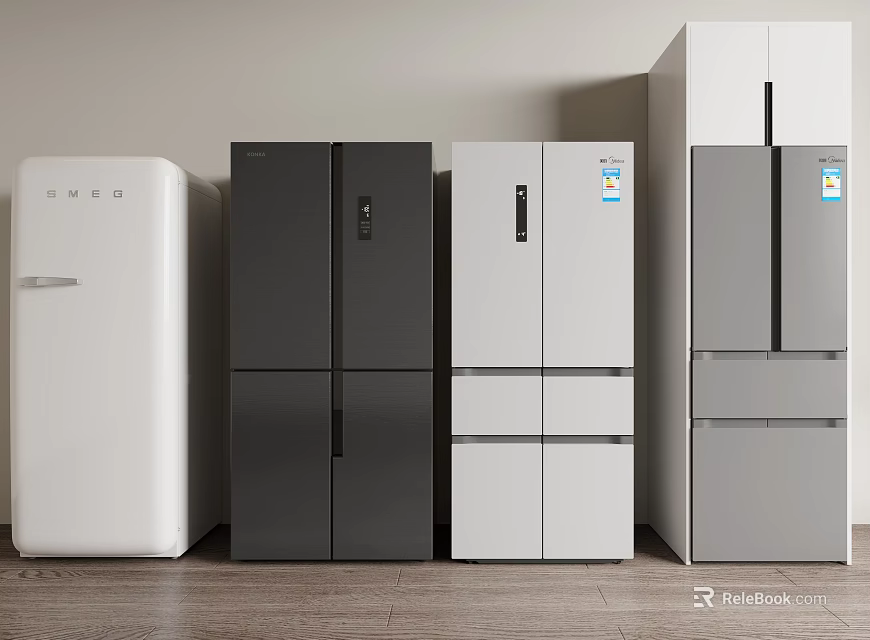 Modern Refrigerators with Various Colors and Door Styles in Contemporary Kitchen 3d model 
