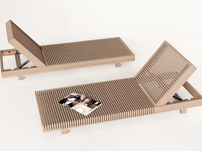 Modern Wooden Slatted Lounge Chairs With Adjustable Backrest And Magazine On Seat 3d model